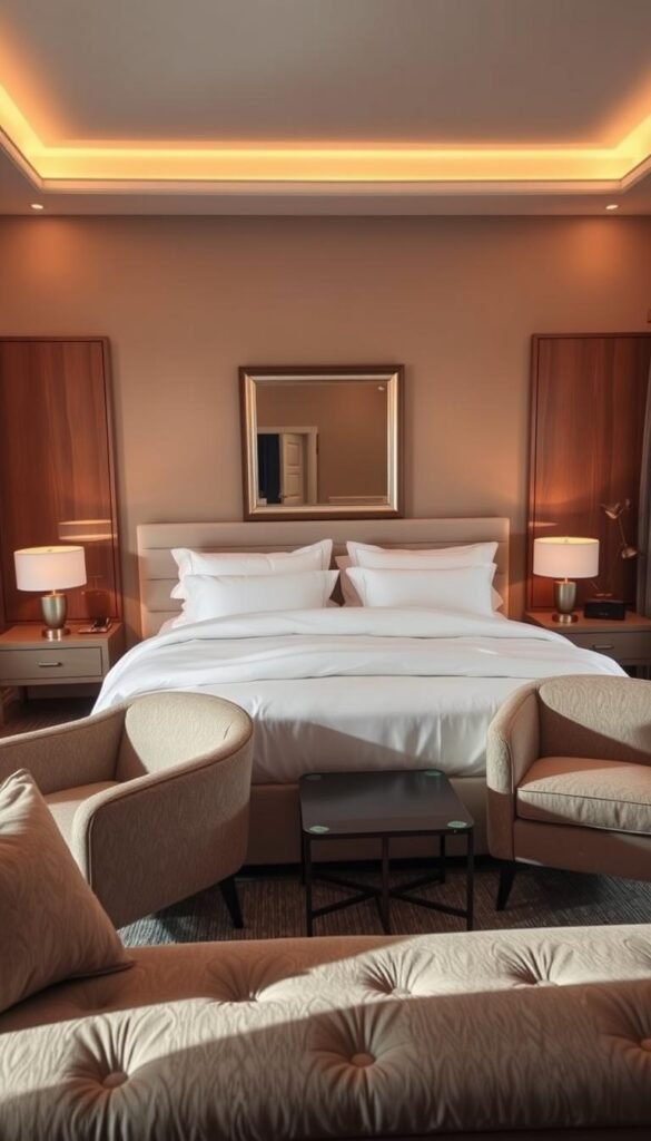 A cozy and inviting couple's bedroom, bathed in warm, soft lighting. In the foreground, a plush, luxurious king-sized bed with crisp white bedding and an abundance of fluffy pillows. Flanking the bed are matching nightstands with minimalist lamps, casting a gentle glow. The middle ground features a pair of comfortable, upholstered armchairs positioned near a small, elegant coffee table, inviting intimate conversation. In the background, a pair of tall, wooden dressers provide ample storage, complemented by a large, framed mirror that reflects the serene ambiance. The overall scene exudes a sense of comfort, romance, and relaxation, setting the foundation for a couple's intimate retreat.