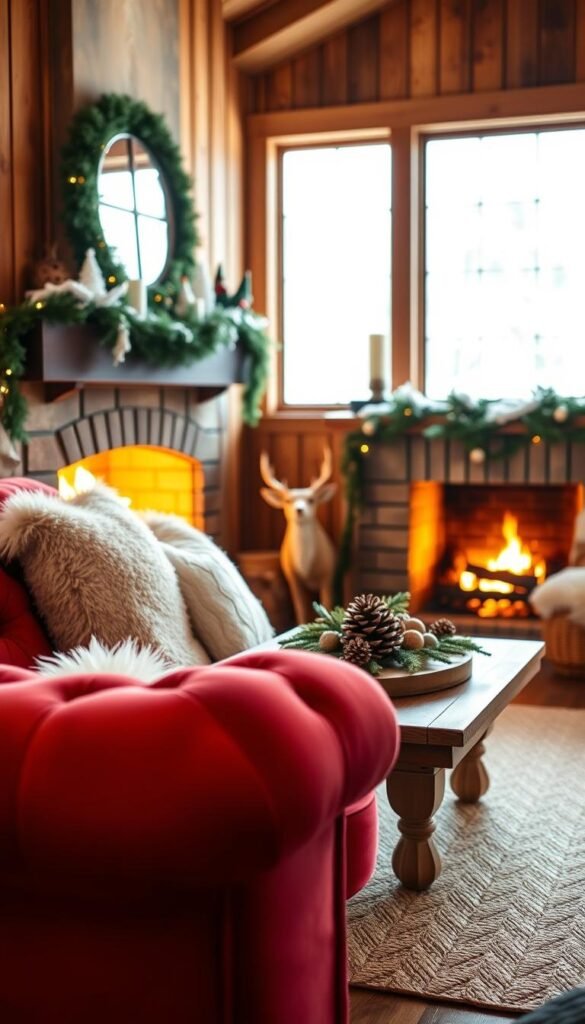 A cozy and inviting farmhouse-inspired living room, bathed in a warm, festive color palette. The foreground features a plush, tufted sofa in a rich, earthy red, complemented by a fluffy, cream-colored throw pillow. In the middle ground, a wooden coffee table is adorned with natural elements like pine cones, evergreen sprigs, and a large, crackling fireplace casting a soft, golden glow. The background showcases a wall paneled in warm, weathered wood, with a window framing a snowy, picturesque winter landscape. The lighting is a harmonious blend of ambient, natural light and the gentle, flickering flames of the fireplace, creating a serene and inviting atmosphere perfect for a cozy holiday gathering.