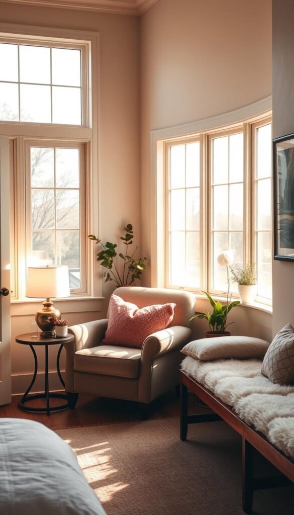A cozy and inviting guest room seating nook, bathed in warm, natural light streaming through large windows. A plush, overstuffed armchair sits nestled in the corner, adorned with soft, textured throw pillows. A small side table holds a decorative table lamp, casting a gentle glow. A low, wooden bench runs along the adjacent wall, topped with fluffy cushions, creating a comfortable spot for reading or relaxation. Potted plants and framed artwork add touches of greenery and personality. The scene exudes an atmosphere of tranquility and relaxation, perfect for guests to unwind in private.