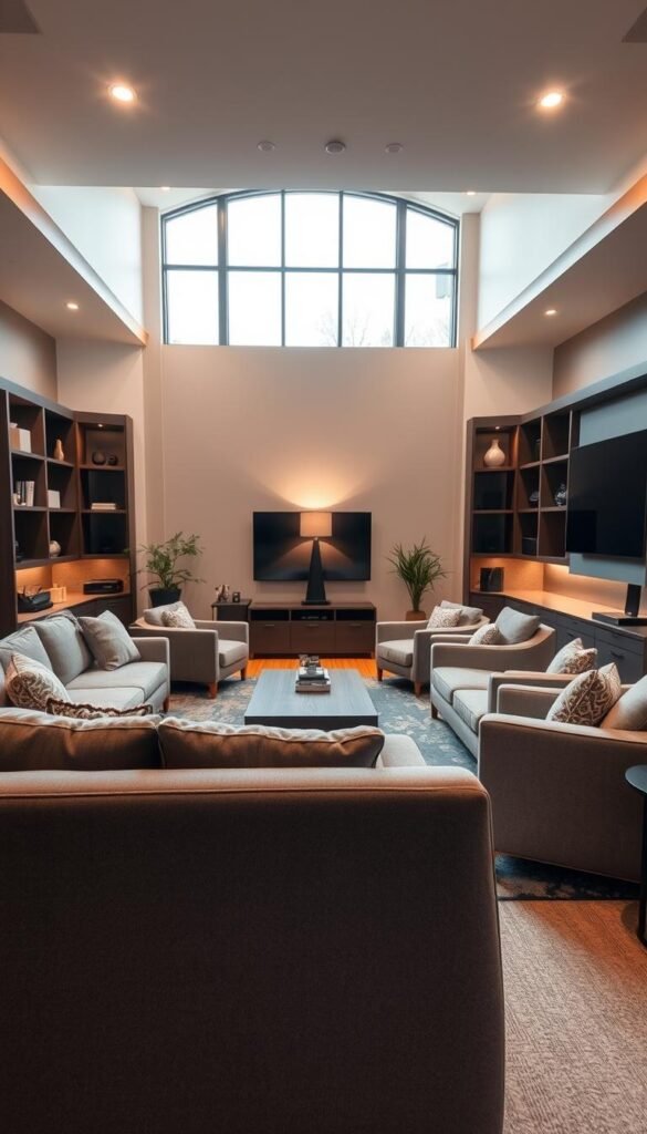 A cozy and inviting home entertainment room setup. In the foreground, a plush, L-shaped sectional sofa with soft, gray upholstery invites guests to sink in and relax. A large, flat-screen TV is mounted on the wall, flanked by built-in shelving units displaying an array of entertainment components and decorative accents. The middle ground features a low, wooden coffee table with a modern, minimalist design, surrounded by comfortable armchairs in a complementary neutral tone. Warm, ambient lighting from recessed ceiling fixtures and a floor lamp creates a welcoming atmosphere, while large windows in the background allow natural light to filter in, lending a bright and airy feel to the space. The overall setup is both visually appealing and practical, offering a perfect setting for movie nights, gaming sessions, or casual gatherings. A cozy and inviting home entertainment room setup. In the foreground, a plush, L-shaped sectional sofa with soft, gray upholstery invites guests to sink in and relax. A large, flat-screen TV is mounted on the wall, flanked by built-in shelving units displaying an array of entertainment components and decorative accents. The middle ground features a low, wooden coffee table with a modern, minimalist design, surrounded by comfortable armchairs in a complementary neutral tone. Warm, ambient lighting from recessed ceiling fixtures and a floor lamp creates a welcoming atmosphere, while large windows in the background allow natural light to filter in, lending a bright and airy feel to the space. The overall setup is both visually appealing and practical, offering a perfect setting for movie nights, gaming sessions, or casual gatherings.