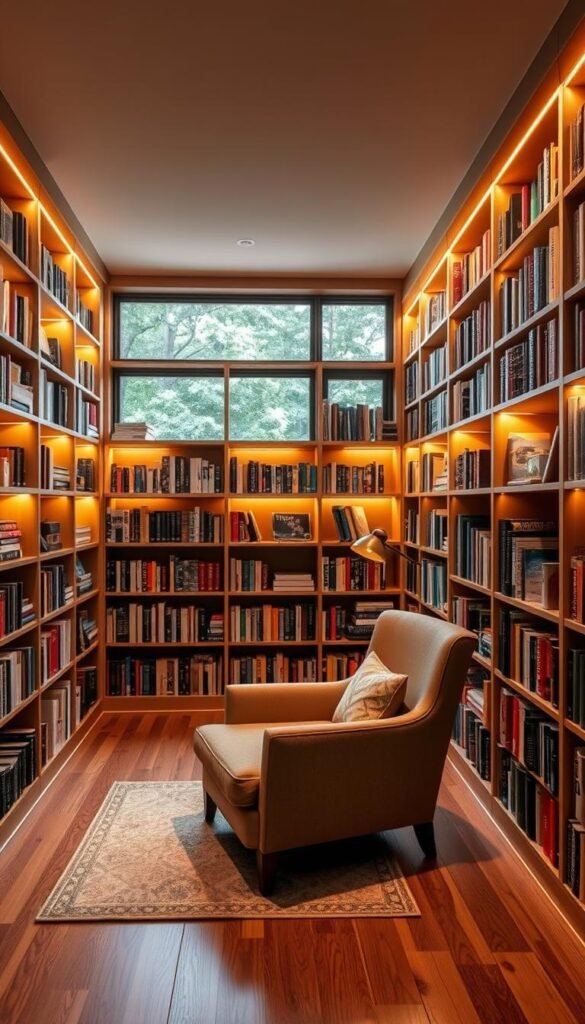 A cozy and inviting home library with custom-built bookshelves lining the walls, creating a warm and intimate atmosphere. The shelves are filled with a curated collection of books, ranging from classic literature to modern bestsellers. A comfortable armchair sits in the foreground, positioned perfectly for reading. Soft, diffused lighting casts a golden glow throughout the space, complemented by a large window that floods the room with natural light. The hardwood floor and neutral color palette contribute to the serene and tranquil ambiance, making this the perfect sanctuary for avid readers. A cozy and inviting home library with custom-built bookshelves lining the walls, creating a warm and intimate atmosphere. The shelves are filled with a curated collection of books, ranging from classic literature to modern bestsellers. A comfortable armchair sits in the foreground, positioned perfectly for reading. Soft, diffused lighting casts a golden glow throughout the space, complemented by a large window that floods the room with natural light. The hardwood floor and neutral color palette contribute to the serene and tranquil ambiance, making this the perfect sanctuary for avid readers.
