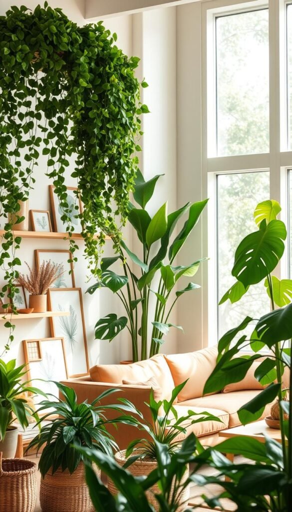 A cozy and inviting indoor oasis, bathed in soft natural light filtering through large windows. In the foreground, lush potted plants - trailing ivy, fiddle-leaf fig, and vibrant monstera - create a verdant tapestry. Arrange them on sleek, minimalist shelves and side tables, complemented by delicate botanical prints and dried floral arrangements. In the middle ground, a plush, earthy-toned sofa offers a comfortable perch, surrounded by natural textures like woven baskets and wicker accents. The background features a serene, neutral-toned wall, allowing the verdant greenery to take center stage. An overall atmosphere of tranquility and harmony, perfectly suited to bring the calming essence of nature into any living space.