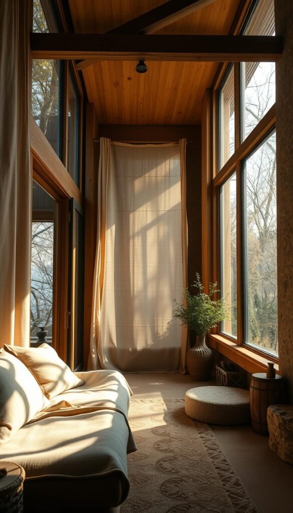 A cozy and inviting interior space, bathed in natural light from multiple sources. Soft, diffused illumination filtering through large windows, complemented by subtle ambient lighting from hidden fixtures. Layered textures and natural materials - wood, linen, and stone - create a harmonious, calming atmosphere. Warm golden tones and gentle shadows interplay, accentuating the architectural details and highlighting the organic forms. The composition is balanced, with a sense of depth and visual interest, drawing the viewer's eye through the scene. An oasis of tranquility, this image reflects the essence of a space designed to connect with the natural world.