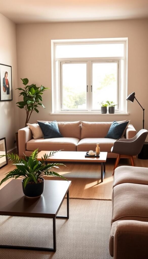 A cozy and inviting living room scene, featuring the Room & Board Vienna sofa as the centerpiece. The sofa is positioned in a small, but thoughtfully designed space, with warm lighting highlighting its clean lines and plush upholstery. In the foreground, a sleek, low-profile coffee table complements the sofa's modern aesthetic, while a lush, potted plant adds a touch of natural greenery. The middle ground showcases a pair of minimalist, mid-century inspired armchairs, creating a harmonious seating arrangement. In the background, a large window allows natural light to flood the space, lending an airy and rejuvenating ambiance. The overall atmosphere is one of sophisticated comfort, perfectly encapsulating the Vienna sofa's ability to transform even the most compact living room into a haven of relaxation.