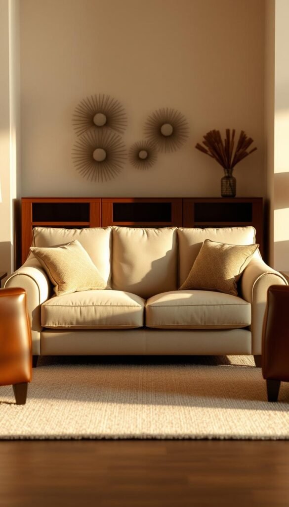 A cozy and inviting living room scene, with a beige sofa taking center stage. Flanking it, a pair of plush brown leather armchairs, their rich hues complementing the neutral tones. The furniture is bathed in warm, diffused lighting, casting gentle shadows and highlighting the subtle textures of the materials. In the background, a neutral-toned rug and wall decor subtly frame the arrangement, creating a harmonious and visually balanced composition. The overall atmosphere is one of sophistication and relaxation, reflecting the perfect blend of brown and beige tones in a living room setting.