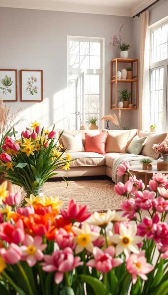A cozy and inviting living room showcasing a spring decor theme and color palette. In the foreground, an array of vibrant floral arrangements, including lush bouquets of tulips, daffodils, and cherry blossoms, add a touch of cheerfulness. The middle ground features a plush sofa adorned with soft, pastel-colored throw pillows and a woven area rug in earthy tones. Streaming natural light filters through large windows, casting a warm glow and highlighting the freshness of the space. In the background, a pair of wooden shelves display decorative elements like potted plants, ceramic vases, and framed nature-inspired artwork, complementing the overall spring-inspired aesthetic. The scene radiates a sense of renewal, harmony, and a peaceful, relaxing atmosphere. A cozy and inviting living room showcasing a spring decor theme and color palette. In the foreground, an array of vibrant floral arrangements, including lush bouquets of tulips, daffodils, and cherry blossoms, add a touch of cheerfulness. The middle ground features a plush sofa adorned with soft, pastel-colored throw pillows and a woven area rug in earthy tones. Streaming natural light filters through large windows, casting a warm glow and highlighting the freshness of the space. In the background, a pair of wooden shelves display decorative elements like potted plants, ceramic vases, and framed nature-inspired artwork, complementing the overall spring-inspired aesthetic. The scene radiates a sense of renewal, harmony, and a peaceful, relaxing atmosphere.