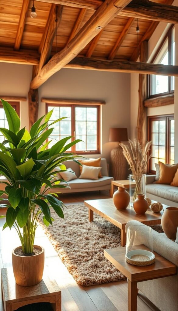 A cozy and inviting living room showcasing natural elements seamlessly integrated into the interior design. In the foreground, a large potted plant with lush, verdant foliage stands on a natural wood side table. The middle ground features a plush, earthy-toned area rug, complemented by a low, wooden coffee table adorned with terracotta vases and natural fiber accessories. Sunlight filters in through large windows, casting a warm, golden glow throughout the space. The background reveals rustic, exposed wooden beams and neutral-toned walls, creating a harmonious, organic atmosphere. The overall scene conveys a sense of tranquility and a connection to the natural world, reflecting the warmth and luxury of the living space.