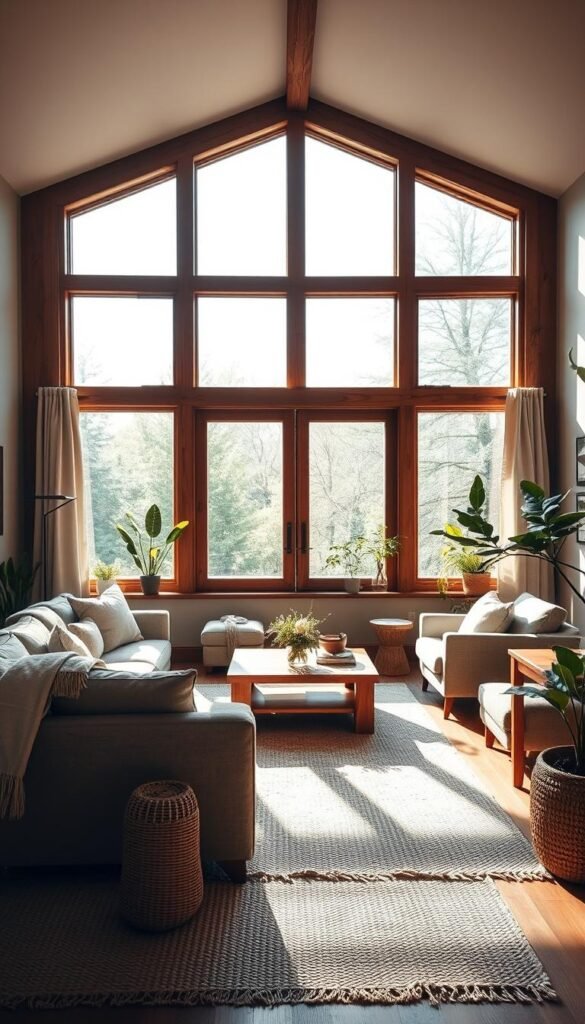 A cozy and inviting living room with a focal point of large, floor-to-ceiling windows that flood the space with natural light. The windows have a rustic, wooden frame that complements the warm, earthy tones of the room. Soft sunlight streams in, casting a gentle glow on the plush, neutral-colored sofa and armchair arrangement. A wooden coffee table and end tables add to the natural, organic feel, while a plush, woven area rug grounds the space. Potted plants and natural textiles, such as linen curtains and throws, further enhance the modern rustic aesthetic. The lighting is soft and ambient, creating a welcoming and relaxing atmosphere.