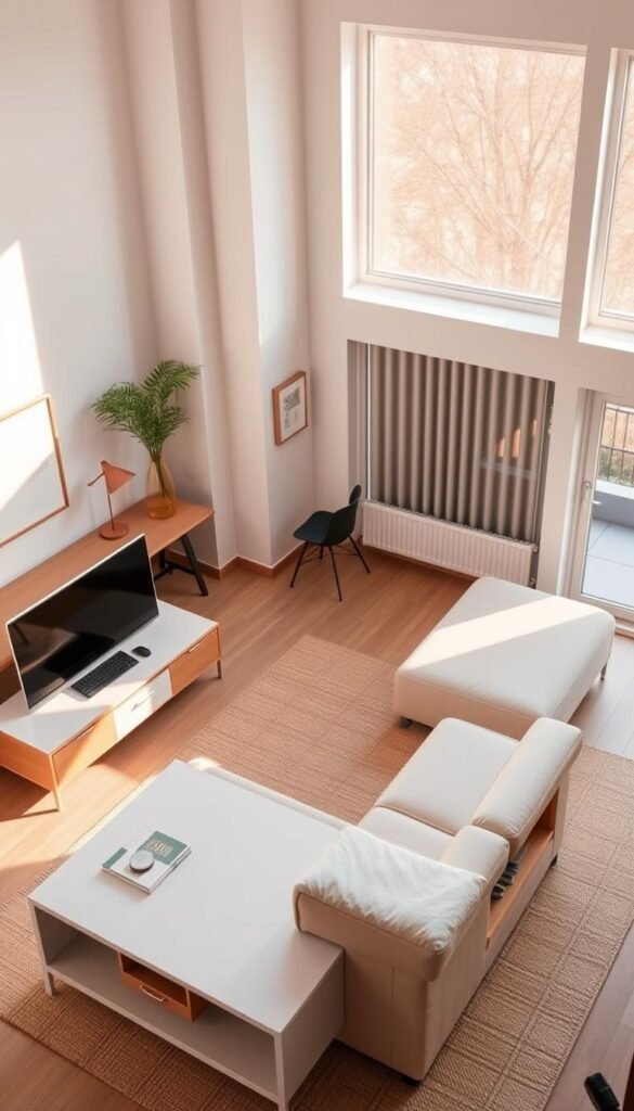 A cozy and inviting living room with a multifunctional modular sofa that seamlessly transitions into a sleek coffee table and storage unit. The room is bathed in warm, natural lighting from large windows, creating a harmonious and relaxing atmosphere. A compact but versatile desk and chair occupy the corner, optimizing the limited space. Subtle, minimalist decor and neutral tones contribute to the sense of openness and functionality. The overall scene depicts thoughtful, space-saving solutions that cater to the needs of a small one-bedroom apartment. A cozy and inviting living room with a multifunctional modular sofa that seamlessly transitions into a sleek coffee table and storage unit. The room is bathed in warm, natural lighting from large windows, creating a harmonious and relaxing atmosphere. A compact but versatile desk and chair occupy the corner, optimizing the limited space. Subtle, minimalist decor and neutral tones contribute to the sense of openness and functionality. The overall scene depicts thoughtful, space-saving solutions that cater to the needs of a small one-bedroom apartment.