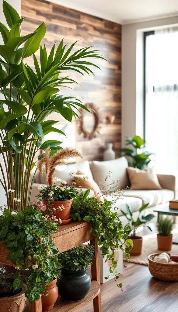 A cozy and inviting living room with a nature-inspired decor, featuring a lush, verdant arrangement of potted plants and floral accents. The foreground showcases a stylish wooden console table adorned with a mix of leafy plants, delicate flowers, and natural textures. The middle ground highlights a plush, neutral-toned sofa framed by a large, floor-to-ceiling window that allows natural light to flood the space, creating a warm and tranquil ambiance. In the background, a rustic wooden accent wall complements the organic elements, establishing a cohesive, earthy aesthetic. The overall composition evokes a sense of serenity and a connection to the natural world, perfectly capturing the essence of "Modern Rustic Decor Ideas for a Warm, Timeless Living Room."