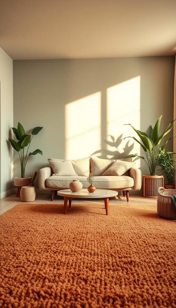 A cozy and inviting living room with an earthy color palette. In the foreground, a plush, textured rug in muted shades of terracotta, mustard, and sage green anchors the space. Mid-ground features a low-slung, modern sofa upholstered in a rich, natural linen. Scattered throughout are accent pieces in warm, earthy tones - a ceramic vase, a wooden side table, and a woven basket. Soft, indirect lighting casts a golden glow, creating a serene and calming atmosphere. The walls are painted in a soft, muted green-gray hue, complementing the natural textures and tones. Lush, potted plants in the corners add a touch of organic vibrancy. This harmonious blend of earthy elements and minimalist design evokes a sense of grounded, dopamine-boosting comfort.