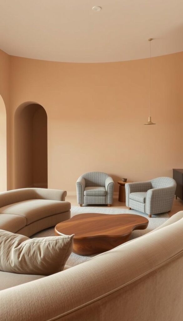 A cozy and inviting living room with soft, organic curves. In the foreground, a plush sectional sofa with gentle contours and a velvety upholstery in a muted earth tone. Beside it, a sculptural coffee table with a smooth, flowing shape made of polished wood. In the middle ground, two armchairs with rounded backs and armrests, covered in a textured fabric that complements the sofa. The walls are painted in a warm, neutral shade, creating a serene and calming atmosphere. Soft, diffused lighting from a hanging pendant fixture illuminates the space, casting a gentle glow. The overall impression is one of comfort, elegance, and a harmonious blend of natural forms.