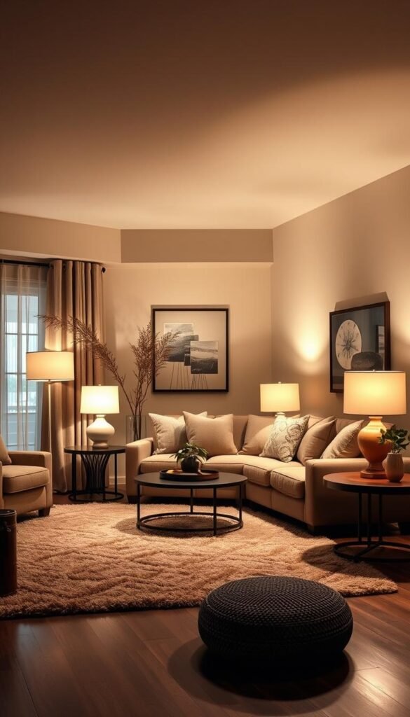 A cozy and inviting living room with strategic lighting that creates a warm, neutral ambiance. The space features a mix of beige and brown tones, with a plush area rug, cozy seating, and carefully placed table lamps that cast a soft, diffused glow. The lighting is designed to accentuate the natural textures and tones of the decor, highlighting the depth and richness of the color palette. Soft shadows and highlights add depth and dimension, while the overall lighting scheme creates a serene and harmonious atmosphere, perfect for relaxation and conversation.