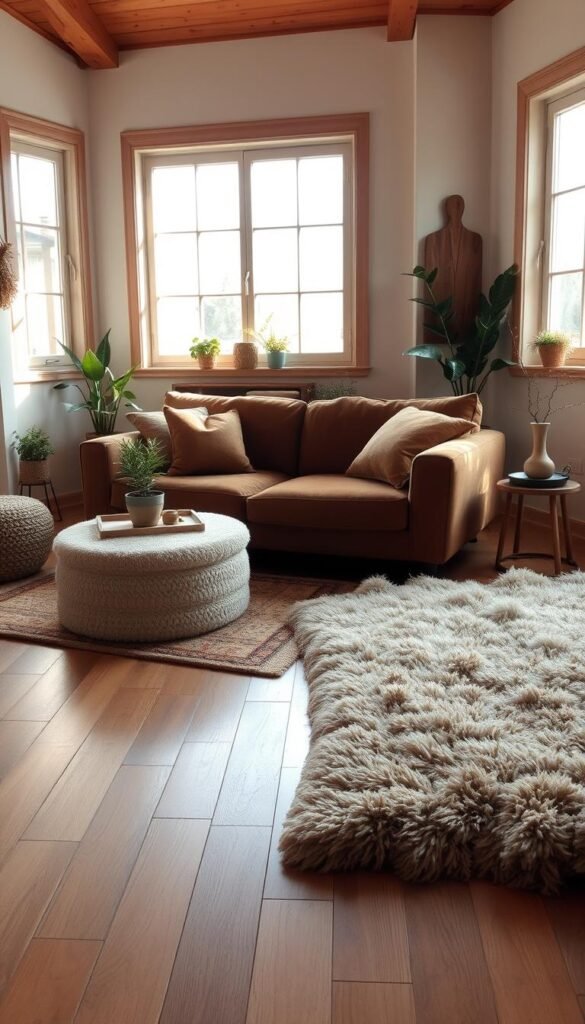 A cozy and inviting living room with warm, wood-look tiles covering the floor. The space is bathed in soft, natural lighting filtering through large windows, creating a comforting ambiance. Plush, textured furnishings in earthy tones - a deep, velvet sofa, and a fluffy, neutral rug - complement the wooden aesthetic. Accent pieces, such as potted plants and wooden décor, add organic touches. The room exudes a sense of relaxation and comfort, perfect for a tranquil afternoon or evening at home.
