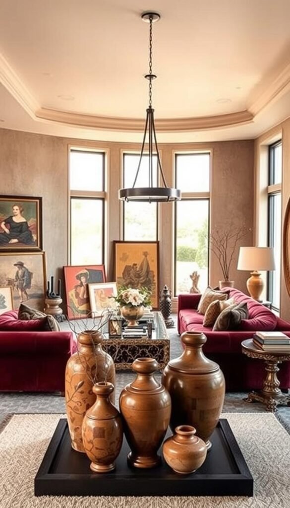 A cozy and inviting luxury living room, bathed in warm, diffused natural light filtering through large windows. In the foreground, an eclectic arrangement of curated artworks and decorative objects, meticulously placed to create a visually striking vignette - vintage oil paintings, abstract sculptures, and ceramic vases in earthy tones. The middle ground features plush, jewel-toned upholstery, accented by a statement pendant light and ornate side tables. The background showcases a neutral color palette, with textured walls and a harmonious blend of natural and modern elements, evoking a dream-like, sophisticated atmosphere.
