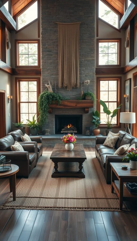 A cozy and inviting luxury living room, bathed in warm, natural light filtering through large windows. The centerpiece is a stunning fireplace surrounded by a rustic wood mantle, adorned with cascading greenery and organic textures. In the foreground, plush leather armchairs and a deep-seated sofa invite relaxation, complemented by a hand-woven rug in earthy tones. Wooden end tables and a solid oak coffee table bring a touch of nature indoors. Potted plants and fresh cut flowers add pops of vibrant color, while driftwood accents and a large woven wall hanging create a soothing, biophilic ambiance. The overall atmosphere is one of serene, dream-like luxury.