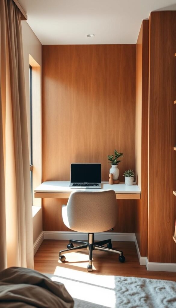 A cozy and inviting mini office alcove, bathed in soft natural light from a nearby window. The alcove is set against a warm, textured wall, with a custom-built floating desk that seamlessly blends into the space. Upon the desk, a compact laptop, a potted plant, and a few tasteful decorative elements create a harmonious workspace. Beneath the desk, a plush, low-profile chair provides ergonomic comfort. Bookshelves or decorative cubbies flank the sides, adding storage and personality to the compact yet efficient setup. The overall atmosphere is one of productivity and inspiration, a harmonious haven for focused work within the bedroom.