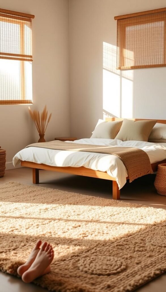 A cozy and inviting minimalist bedroom, bathed in warm, soft lighting. The foreground features a plush, textured area rug in earthy tones, inviting bare feet. The mid-ground showcases a low-profile wooden bed frame, adorned with crisp white linens and a handful of throw pillows in muted hues. In the background, plain white walls are accented by natural woven window treatments, casting gentle shadows. The overall atmosphere is one of tranquility and simplicity, with a focus on natural materials and harmonious textures that exude a sense of comfort and relaxation.