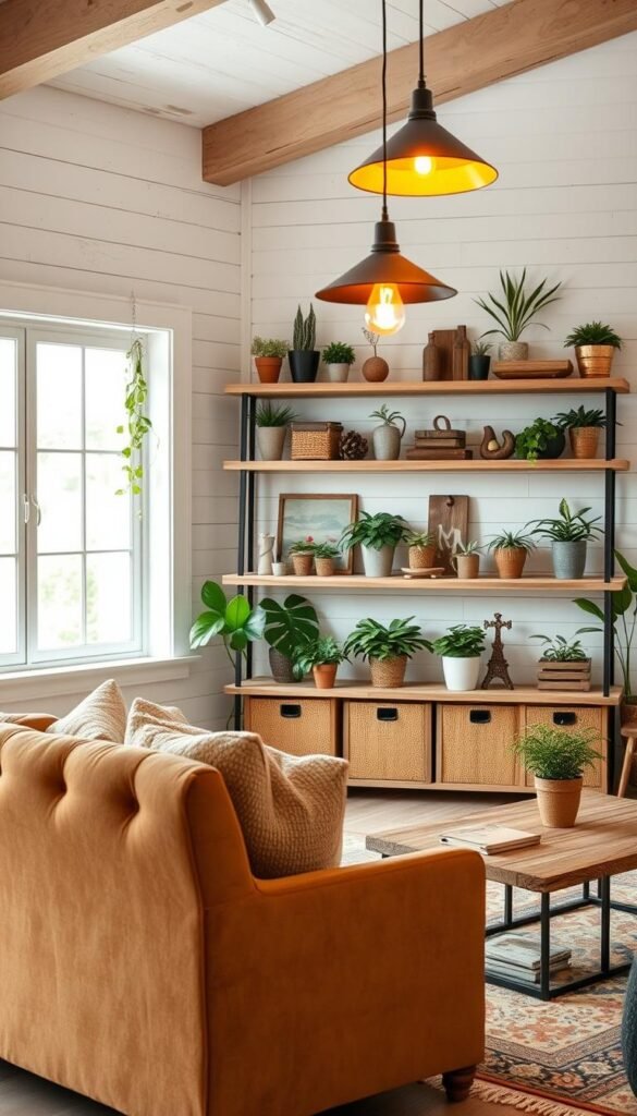 A cozy and inviting modern farmhouse living room, filled with rustic charm and contemporary touches. In the foreground, a plush, tufted sofa in a warm, neutral tone sits atop a vintage-inspired area rug. Midground showcases a wooden coffee table with metal accents, complemented by natural wood shelving displaying an array of potted plants and rustic decor. The background features a whitewashed shiplap wall, with a large window allowing soft, diffused lighting to flood the space. Warm lighting from a mid-century inspired pendant lamp casts a gentle glow, creating a serene and welcoming atmosphere. The overall impression is one of a harmonious blend of old and new, resulting in a fresh and inviting modern farmhouse aesthetic.