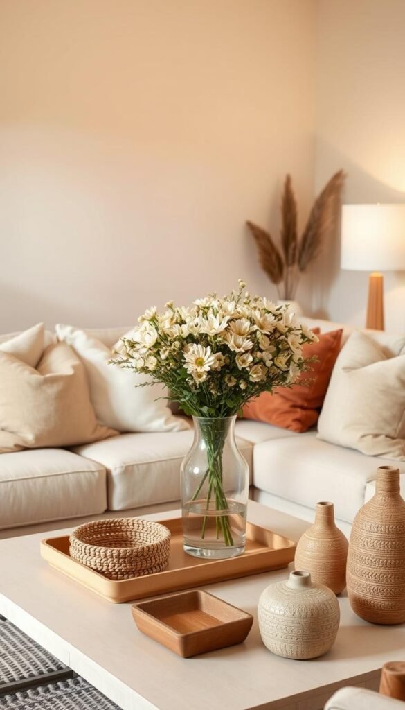 A cozy and inviting neutral living room with warm, earthy tones. The scene features a plush beige sofa adorned with decorative throw pillows in complementary shades of brown and tan. On the coffee table, a sleek glass vase holds a lush bouquet of neutral-toned flowers, creating a natural focal point. Accent pieces such as a woven basket, a wooden tray, and a textured ceramic vase add layers of visual interest and depth to the space. Soft, diffused lighting from a floor lamp casts a gentle glow, enhancing the room's relaxing ambiance. The walls are painted in a soothing beige hue, allowing the decorative accents to stand out and draw the eye. An overall sense of balance and harmony permeates the scene.