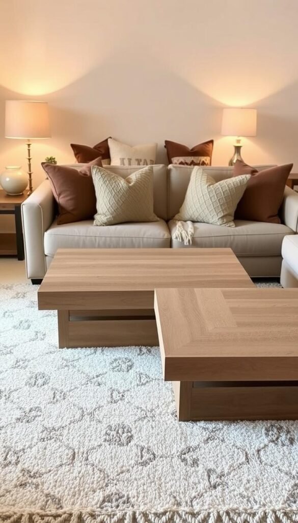 A cozy and inviting neutral-toned living room with layered textures that add depth and visual interest. The foreground features a plush, beige area rug with a subtle geometric pattern. Midground showcases a sturdy, wooden coffee table with a textured, light-colored surface. In the background, a neutral-colored sofa is adorned with various throw pillows in varying shades of brown, beige, and off-white, creating a harmonious and visually appealing arrangement. Warm, diffused lighting from floor lamps casts a soft glow, highlighting the nuanced tones and textures throughout the space. The overall atmosphere is one of tranquility and sophistication, perfectly suited for the "Layering Textures to Add Depth and Dimension" section of the article.