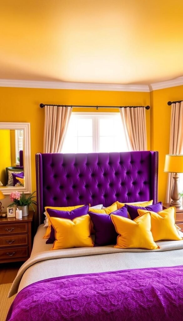 A cozy and inviting purple and yellow bedroom, bathed in warm, golden light from a large window. The focal point is a plush, tufted purple headboard that creates a dramatic contrast against the cheerful yellow walls. In the foreground, a neatly made bed is adorned with vibrant yellow and purple pillows and a soft, textured duvet. On the nightstands, potted plants and a table lamp with a yellow shade add pops of color. The middle ground features a wooden dresser and a comfortable reading chair, while the background showcases simple, yet elegant window treatments that enhance the serene, sunny atmosphere.