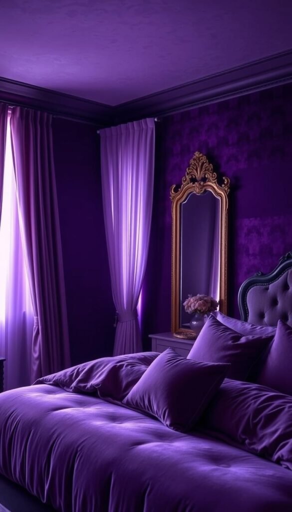 A cozy and inviting purple bedroom with plush, velvet-textured walls in a deep, rich eggplant hue. The lighting is soft and diffused, creating a warm, intimate atmosphere. A large, ornate mirror reflects the space, adding depth and a touch of elegance. Delicate, sheer curtains in a complementary lavender shade gently billow in the breeze, lending a serene, ethereal quality. Lush, plush bedding in varying shades of purple and a few carefully placed accent pieces, such as a velvet armchair and a decorative vase, complete the harmonious and cohesive design.