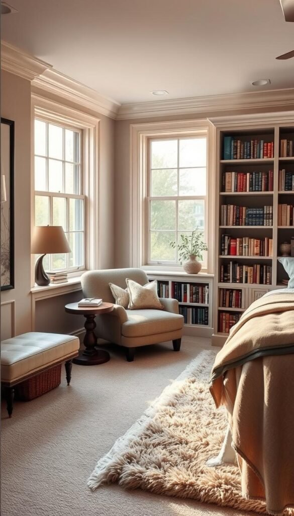A cozy and inviting reading nook nestled in a spacious bedroom, with a plush armchair and a side table arranged beside a large window that lets in warm, natural light. The nook is surrounded by bookshelves filled with volumes, creating a sense of quiet contemplation. Soft textures, such as a plush area rug and a throw blanket, add to the comforting atmosphere. The overall design has a touch of classic elegance, with subtle neutral tones and natural wood accents, perfectly complementing the relaxing and rejuvenating ambiance of the bedroom.