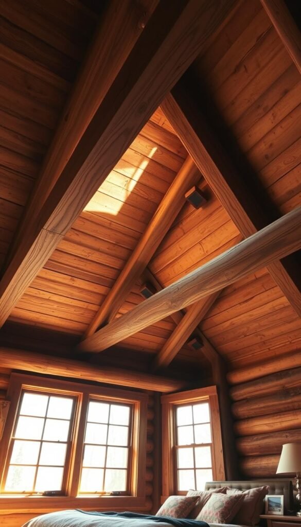 A cozy and inviting rustic bedroom with exposed wooden ceiling beams, bathed in warm natural light streaming through large windows. The beams are weathered and rustic, their grain and texture visible, creating a charming and timeless aesthetic. The lighting is soft and ambient, casting gentle shadows and highlights on the wooden surfaces. The beams are the central focal point, drawing the eye upward and evoking a sense of coziness and cabin-like comfort. The overall atmosphere is one of relaxation and natural beauty, perfectly complementing the rustic theme of the bedroom.