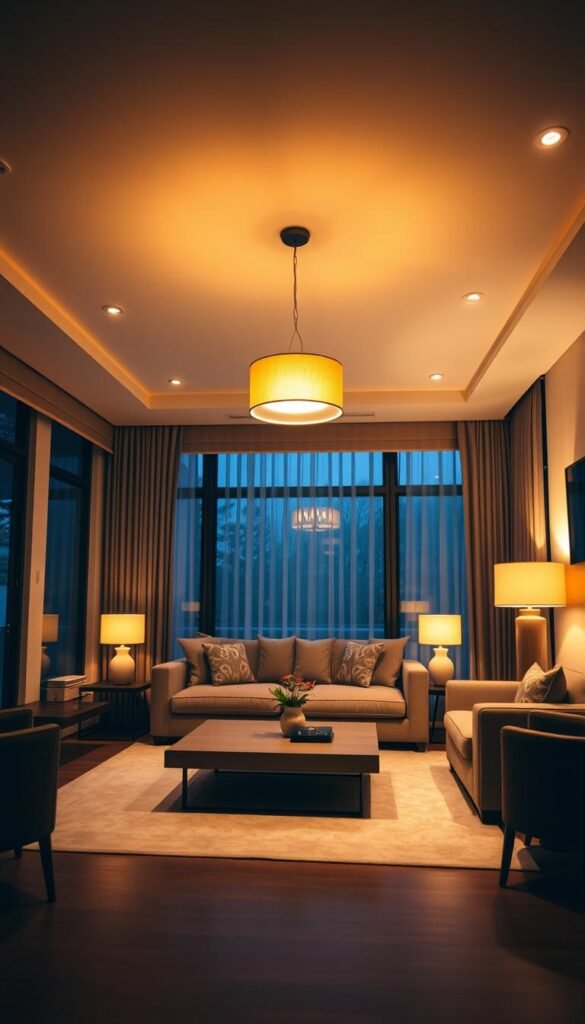 A cozy and inviting small living room bathed in warm, soft lighting. The room has a modern, minimalist aesthetic with clean lines and neutral tones. A pendant light fixture casts a gentle glow over a plush, low-profile sofa and a sleek, rectangular coffee table. Recessed ceiling lights illuminate the perimeter, creating a balanced and atmospheric ambiance. Strategically placed table lamps on side tables add depth and subtle illumination. Large windows allow natural light to filter in, complementing the artificial lighting. The overall lighting scheme creates a harmonious and tranquil space, perfect for relaxation.