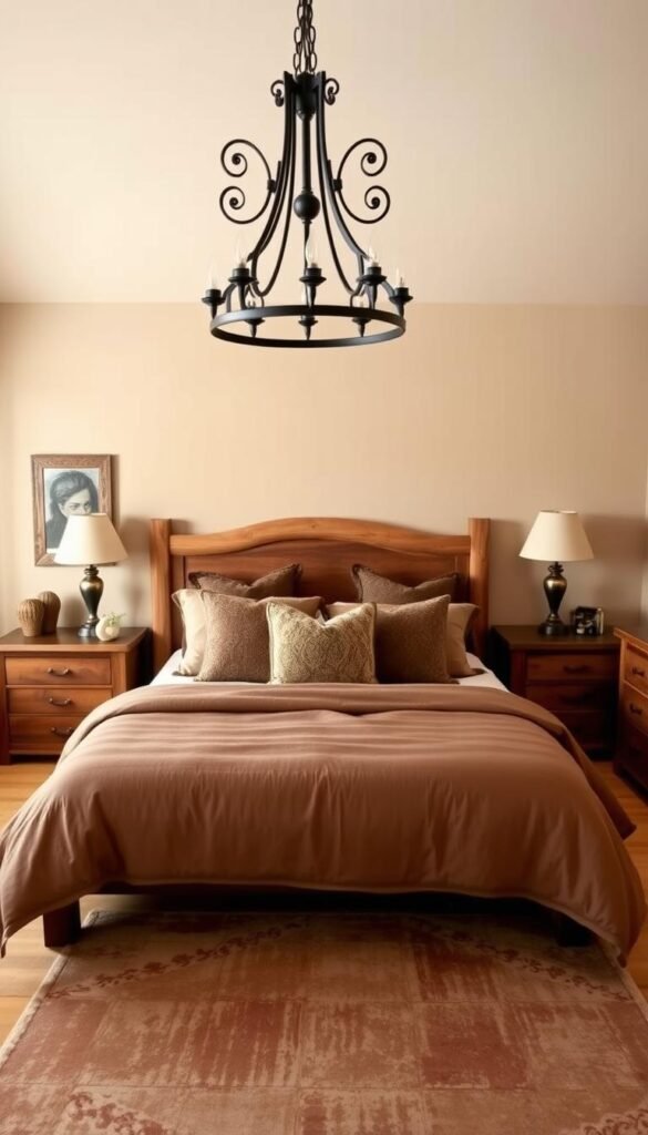 A cozy and inviting western-style bedroom with an earthy color palette. The room features warm wood tones, including a rustic wooden headboard, side tables, and dressers. The walls are painted in a soft, muted beige, creating a calming and natural atmosphere. The bedding is composed of rich, earthy hues - a deep, neutral-toned comforter, complemented by textured throw pillows in shades of brown, tan, and olive green. Gentle lighting from a wrought-iron chandelier casts a soft glow, while a large, distressed area rug in earthy tones grounds the space. The overall scene evokes a sense of rustic sophistication and a connection to the great outdoors.