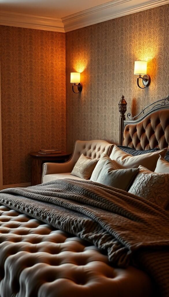 A cozy and luxurious bedroom, bathed in warm, diffused lighting. In the foreground, a plush, tufted velvet headboard adorns the bed, its rich texture complemented by an ornate, antique-inspired metallic frame. Layered atop the bed are sumptuous, quilted linens in a muted palette, accented by a chunky knit throw and an array of textured pillows. In the middle ground, a vintage, distressed armchair sits beside a reclaimed wood side table, creating a cozy reading nook. The background features a textured, neutral-toned wallcovering, punctuated by the warm glow of wall sconces, casting a soft, enveloping ambiance throughout the space. A cozy and luxurious bedroom, bathed in warm, diffused lighting. In the foreground, a plush, tufted velvet headboard adorns the bed, its rich texture complemented by an ornate, antique-inspired metallic frame. Layered atop the bed are sumptuous, quilted linens in a muted palette, accented by a chunky knit throw and an array of textured pillows. In the middle ground, a vintage, distressed armchair sits beside a reclaimed wood side table, creating a cozy reading nook. The background features a textured, neutral-toned wallcovering, punctuated by the warm glow of wall sconces, casting a soft, enveloping ambiance throughout the space.