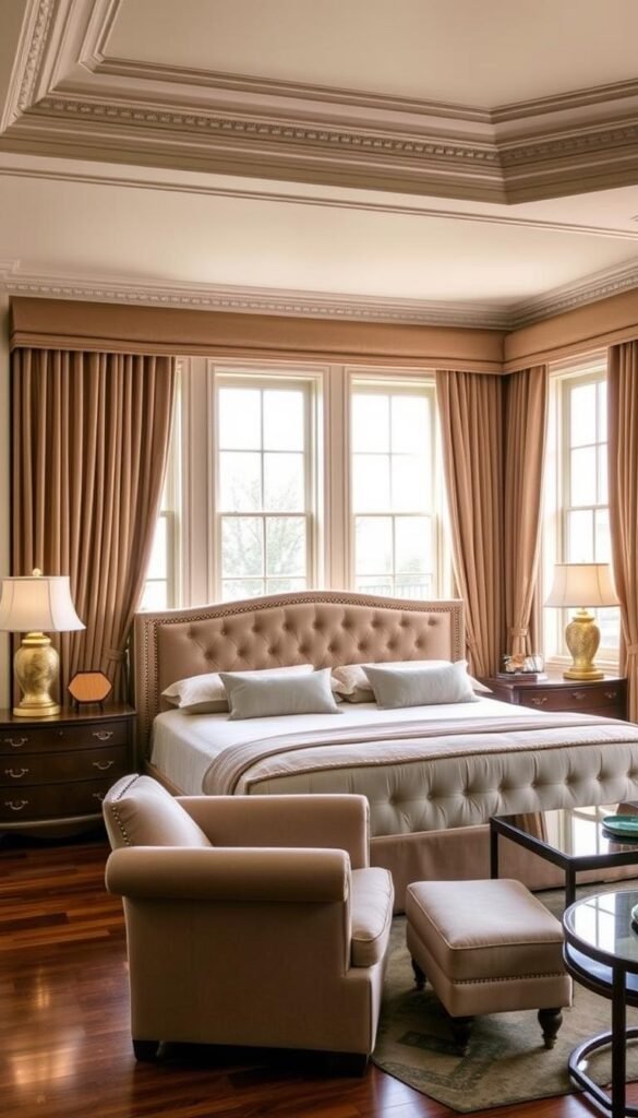 A cozy and luxurious bedroom with a warm taupe color scheme. Soft, plush fabrics adorn a king-sized bed with a tufted headboard. Draperies in a complementary hue frame large windows, allowing natural light to flood the space. Intricate moldings and polished hardwood floors lend an air of sophistication. A pair of matching nightstands with brass hardware flank the bed, each topped with a table lamp casting a gentle glow. In the corner, a wingback chair and end table create an intimate seating area. The overall atmosphere is one of serene relaxation and refined elegance.