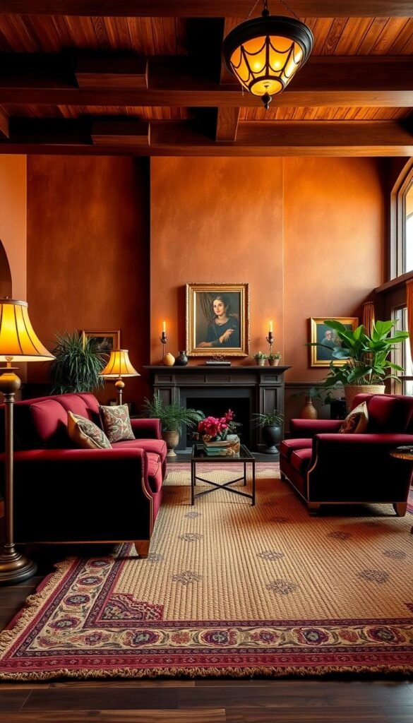 A cozy and luxurious living room bathed in a warm color palette. The foreground features a plush, deep burgundy velvet sofa with brass accents, complemented by two matching armchairs. Ornate floor lamps with amber-toned shades provide soft, intimate lighting. In the middle ground, a large, hand-woven area rug in earthy hues grounds the space. The background showcases rich, textured walls in a muted burnt sienna tone, with wooden ceiling beams and a grand fireplace mantel in a complementary dark finish. Lush potted plants and a curated selection of golden-framed artwork add the final touches to this inviting, sophisticated atmosphere, captured with a wide-angle lens to emphasize the grand scale of the room.