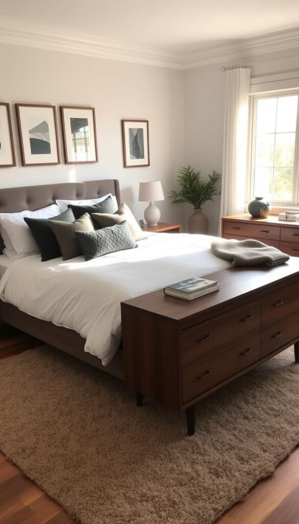 A cozy and moody bedroom with a neutral color palette. A softly lit scene showcases a plush king-size bed with crisp white linens, accented by an array of textured throw pillows in shades of charcoal, slate, and taupe. A large window floods the space with warm natural light, casting a tranquil glow on the room. A sleek midcentury-inspired dresser in a rich walnut tone grounds the space, while a fluffy rug in a muted beige tone covers the hardwood floor. Minimalist wall decor, such as framed abstract artwork, adds visual interest without overwhelming the serene atmosphere. Overall, this bedroom evokes a sense of relaxation and quiet sophistication. A cozy and moody bedroom with a neutral color palette. A softly lit scene showcases a plush king-size bed with crisp white linens, accented by an array of textured throw pillows in shades of charcoal, slate, and taupe. A large window floods the space with warm natural light, casting a tranquil glow on the room. A sleek midcentury-inspired dresser in a rich walnut tone grounds the space, while a fluffy rug in a muted beige tone covers the hardwood floor. Minimalist wall decor, such as framed abstract artwork, adds visual interest without overwhelming the serene atmosphere. Overall, this bedroom evokes a sense of relaxation and quiet sophistication.