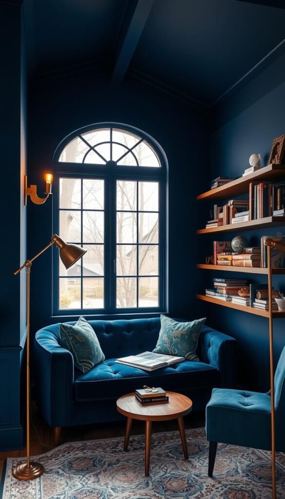 A cozy and moody blue study nook with a mid-century modern vibe. A low-slung, tufted navy blue velvet sofa nestled in the corner, accented with brass sconces casting a warm, golden glow. A large, arched window frames the view, allowing natural light to filter in and create a serene atmosphere. The walls are painted in a deep, inky blue, complemented by floating shelves displaying an eclectic mix of books and decorative objects. A vintage, brass floor lamp casts a soft, diffused light, while a plush, patterned area rug anchors the space. The overall effect is one of sophisticated tranquility, perfect for focused work or quiet contemplation.