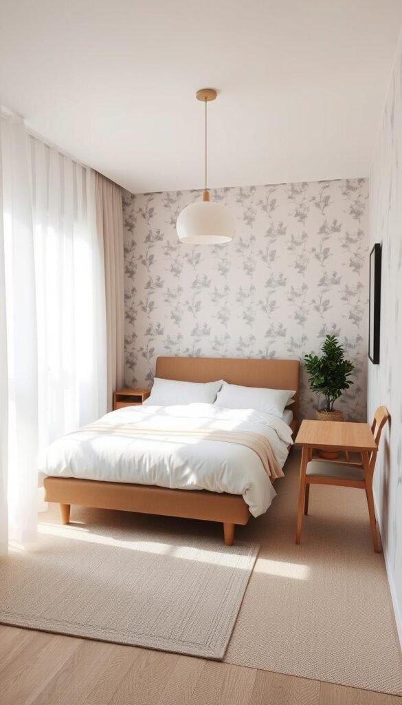 A cozy and serene Scandinavian-inspired small bedroom, bathed in soft natural light filtering through sheer curtains. The minimalist design features a low-profile bed with crisp white linens, complemented by a sleek wood nightstand and a simple, yet elegant pendant lamp. The walls are adorned with a muted floral wallpaper in muted tones, creating a calming, balanced atmosphere. In the corner, a small wooden desk and chair provide a functional workspace, while a potted plant adds a touch of greenery. The overall impression is one of refined simplicity, inviting relaxation and a sense of spaciousness in the compact room.