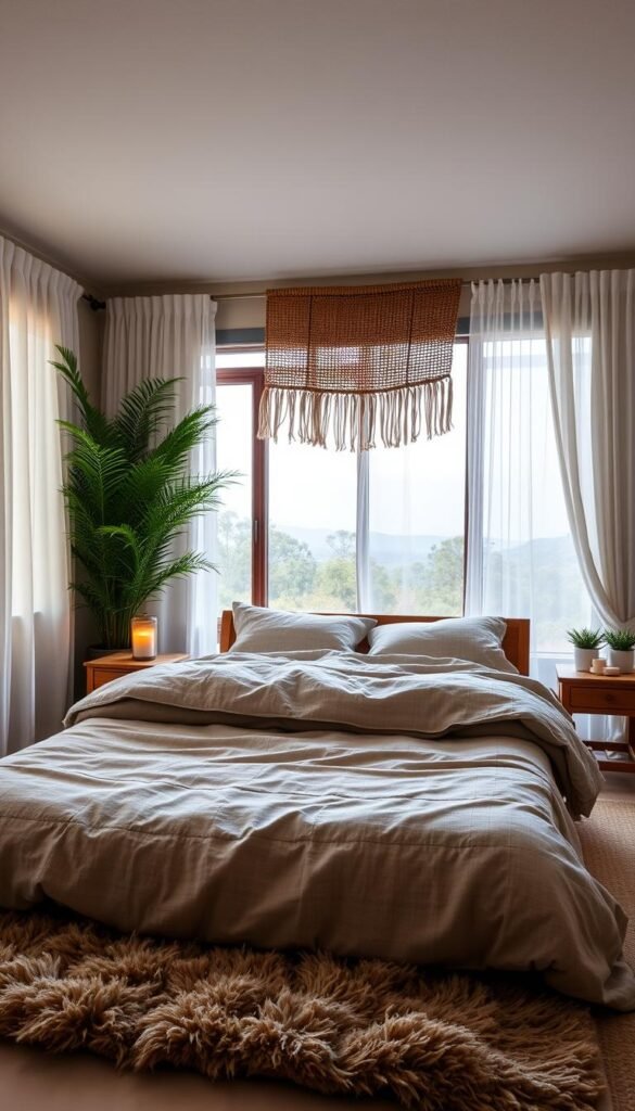 A cozy and serene bedroom filled with personal natural elements. In the foreground, a large wooden bed frame with natural linen bedding and a plush, earth-toned rug underfoot. On the nightstands, a pair of potted succulents and a lit candle cast a warm, ambient glow. The middle ground features a tall, lush fern in the corner and a woven wall hanging above the bed. The background showcases a large window with sheer curtains, offering a view of a tranquil outdoor landscape with trees and a calming blue sky. The overall atmosphere is one of comfort, relaxation, and connection with the natural world.