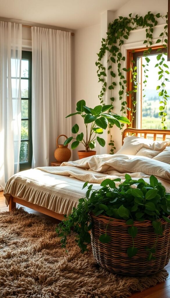 A cozy and serene bedroom scene, illuminated by soft, natural lighting filtering through sheer curtains. In the foreground, a plush, earthy-toned rug and a woven basket overflowing with lush, verdant plants. The middle ground features a rustic wooden bedframe adorned with layers of organic textiles in neutral hues, complemented by a potted fiddle-leaf fig tree in the corner. The background showcases a large window framed by trailing ivy, offering a tranquil view of a serene outdoor landscape. The overall atmosphere is one of harmony and tranquility, with the natural elements seamlessly integrated into the bedroom design.