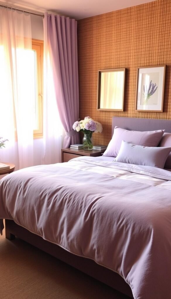 A cozy and serene bedroom with soft lavender accents and a textured grasscloth wall. Warm, natural lighting filters through sheer curtains, casting a gentle glow. A plush, lavender-colored bedspread and matching throw pillows create a calming oasis. Subtle hints of lavender in the decor, such as a vase of fresh flowers or a framed artwork, add depth and visual interest. The grasscloth wall provides a tactile, organic backdrop, complementing the soft furnishings. The overall atmosphere is one of tranquility and modern sophistication, inviting relaxation and restful sleep.
