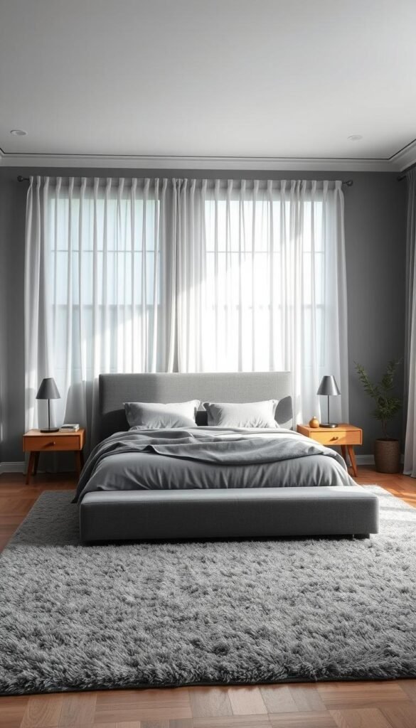 A cozy and serene steely gray bedroom with a minimalist design. The room is bathed in soft, natural lighting filtering through sheer curtains, creating a calming atmosphere. The focal point is a low-profile platform bed with plush gray linens and an oversized charcoal headboard that spans the wall. Complementing the bed are sleek nightstands with minimalist table lamps. The walls are painted in a soothing shade of gray, with a subtle textured finish. The floor is covered in a thick, plush gray area rug, tying the room together. Accents of warm wood tones and metallic elements add depth and visual interest. The overall effect is a harmonious, unified space that exudes a sense of tranquility.