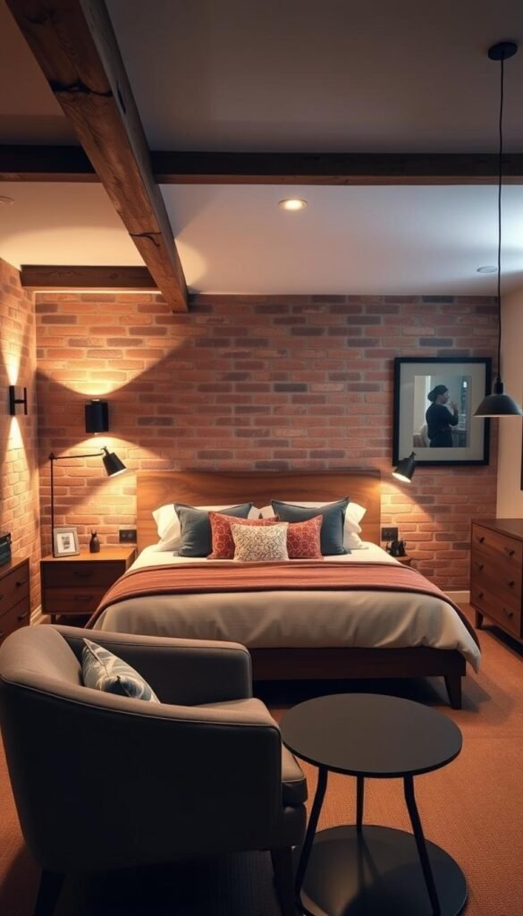 A cozy and stylish basement bedroom featuring a plush queen-sized bed with a rustic wooden headboard, flanked by matching nightstands with sleek industrial-style lamps. In the foreground, a comfortable armchair and an elegant side table create a cozy reading nook, while a mid-century modern dresser and a sleek entertainment unit add functional storage. Soft mood lighting from wall sconces and a pendant fixture casts a warm glow, creating an inviting and relaxing atmosphere. The backdrop showcases exposed brick walls and weathered wooden beams, giving the space an effortlessly chic and lived-in vibe.