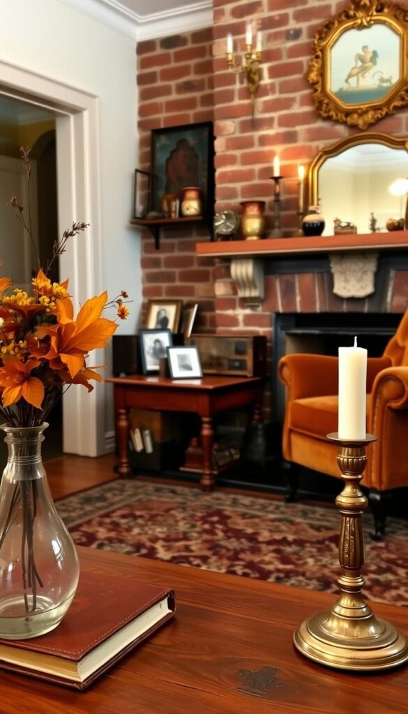 A cozy and well-curated vintage living room, with a soft, warm glow illuminating a collection of carefully selected accessories. In the foreground, a delicate glass vase holding a bouquet of autumnal flowers, a worn leather-bound book, and a brass candlestick with a flickering flame. In the middle ground, a heavy, patterned area rug, a wooden side table with a vintage radio and framed family photographs, and a plush armchair upholstered in a rich, earthy velvet. The background features a brick fireplace with a mantel adorned with antique trinkets, candles, and a gilded mirror reflecting the scene. The overall atmosphere is one of nostalgia, comfort, and timeless charm.