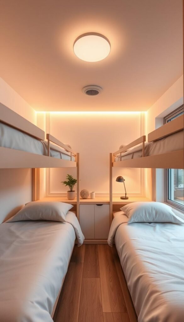 A cozy and well-designed bunk room in a small space, featuring a minimalist, Scandinavian-inspired aesthetic. Two twin-sized bunk beds with clean lines and soft, neutral-toned bedding occupy the foreground, maximizing the limited floor space. Warm, diffused lighting from recessed ceiling fixtures casts a gentle glow, while large windows in the background flood the room with natural light, creating an airy and inviting atmosphere. Subtle decorative elements, such as a potted plant and a small desk or shelving unit, add visual interest without overcrowding the room. The overall layout and design emphasize functionality, organization, and a sense of peaceful simplicity, perfectly suited for a single-bedroom living space.