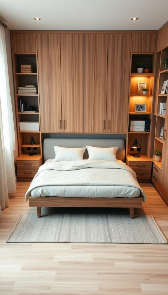 A cozy and well-organized IKEA bedroom with smart storage solutions. Soft, warm lighting illuminates a tasteful arrangement of shelves, drawers, and cabinets that maximize available space. Clean, minimalist design with a neutral color palette. A mid-century modern platform bed takes center stage, flanked by nightstands with integrated charging ports. Closed storage units in the background conceal clutter, while open shelves display decorative items and plants, creating a balanced, harmonious atmosphere. High-angle shot captures the bedroom's efficient, functional layout that optimizes every inch.