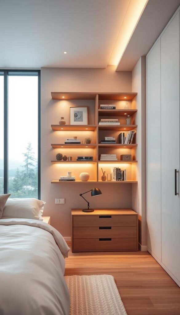 A cozy and well-organized bedroom interior with smart storage solutions. The focal point is a sleek, wall-mounted shelving unit with clean lines and ample compartments for neatly arranging books, decor, and personal items. Soft, warm lighting casts a gentle glow, creating a serene and inviting atmosphere. In the foreground, a stylish bedside table with drawers and a minimal table lamp. In the background, a large window overlooking a tranquil outdoor scene, allowing natural light to flow in. The overall aesthetic is modern, minimalist, and highly functional, perfectly blending form and function to maximize space and minimize clutter.