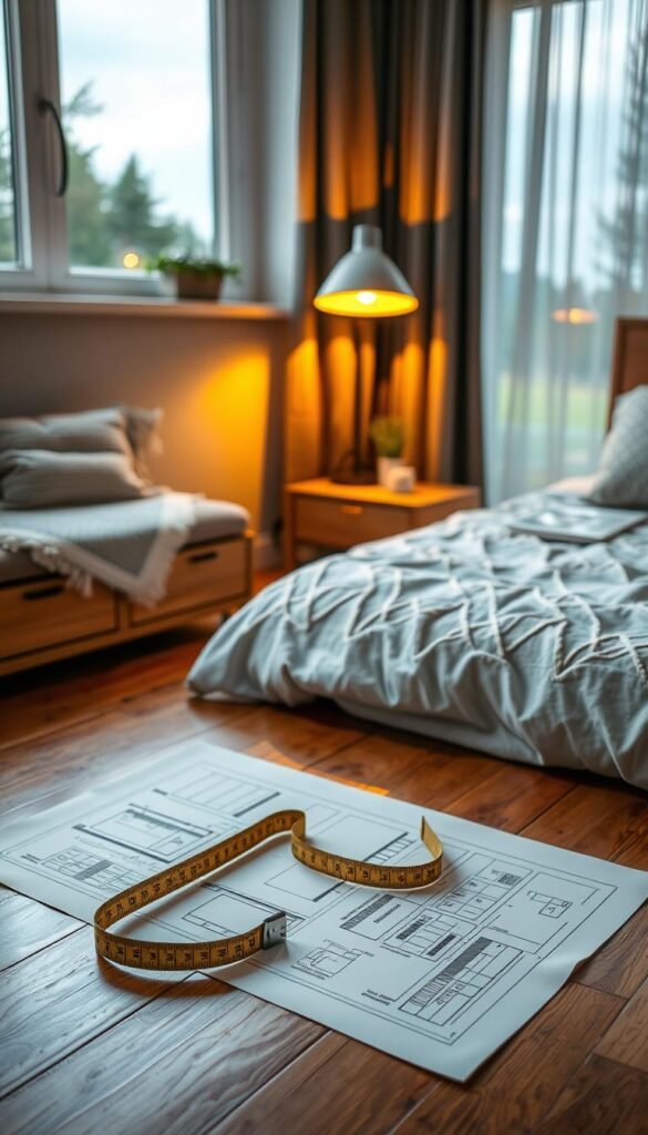 A cozy and well-organized bedroom, with a focal point of a neatly laid-out tape measure and architectural plans on a hardwood surface. Warm, soft lighting from a floor lamp casts a gentle glow, creating a contemplative atmosphere. In the background, a large window overlooking a serene outdoor scene, allowing natural light to filter in. The overall composition conveys a sense of planning, precision, and a desire to transform the space into a harmonious and functional personal sanctuary.