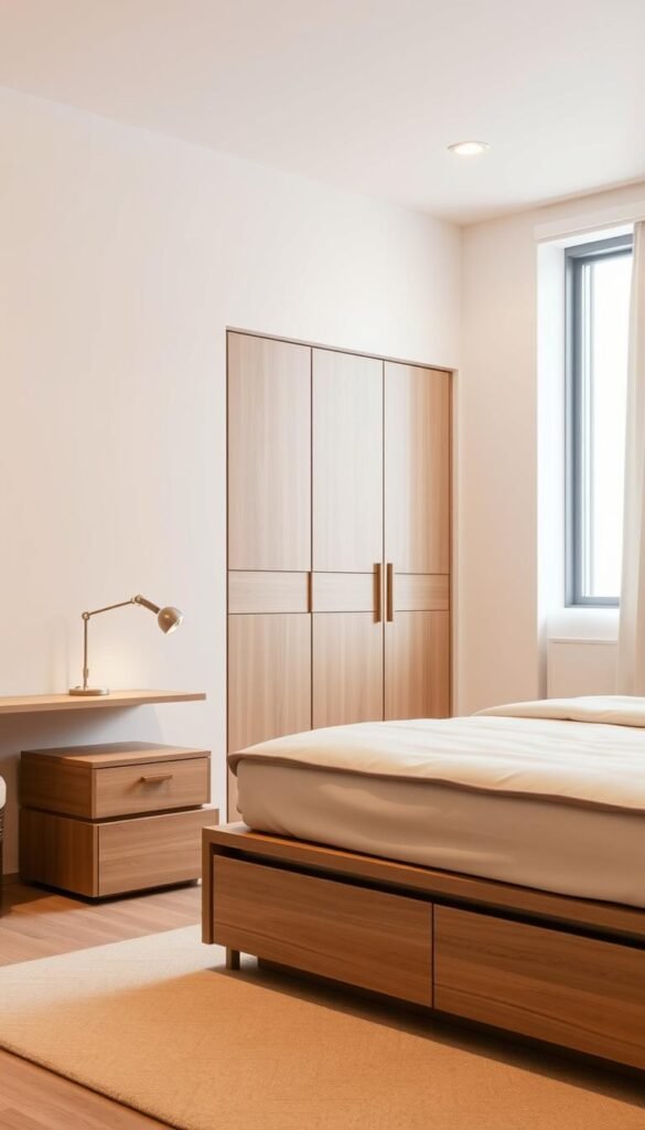 A cozy and well-organized bedroom with space-saving furniture. In the foreground, a modern, minimalist bed frame with built-in storage drawers beneath. Next to it, a wall-mounted bedside table with a single drawer and sleek, minimalist lamp. The middle ground features a compact wardrobe with sliding doors, optimizing the available floor space. In the background, a large window floods the room with natural light, creating an airy and serene atmosphere. The walls are painted in a soft, neutral color palette, complementing the clean, contemporary design. Warm, diffused lighting casts a gentle glow, enhancing the sense of comfort and functionality.
