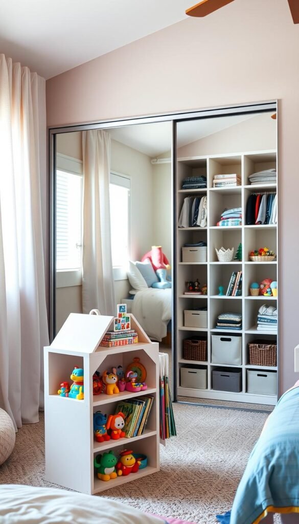 A cozy and well-organized children's bedroom, filled with smart storage solutions that spark creativity. In the foreground, a geometric shelving unit displays an array of colorful toys, books, and trinkets, creating a visually engaging focal point. In the middle ground, a set of modular wall-mounted cubbies offers ample space for storing clothing, school supplies, and personal items. The background features a large sliding closet door, its mirrored surface reflecting the natural light streaming in from a nearby window. The overall mood is one of functionality, style, and a sense of whimsy, inviting young minds to explore and express themselves freely. Soft, warm lighting illuminates the scene, creating a welcoming and inviting atmosphere. A cozy and well-organized children's bedroom, filled with smart storage solutions that spark creativity. In the foreground, a geometric shelving unit displays an array of colorful toys, books, and trinkets, creating a visually engaging focal point. In the middle ground, a set of modular wall-mounted cubbies offers ample space for storing clothing, school supplies, and personal items. The background features a large sliding closet door, its mirrored surface reflecting the natural light streaming in from a nearby window. The overall mood is one of functionality, style, and a sense of whimsy, inviting young minds to explore and express themselves freely. Soft, warm lighting illuminates the scene, creating a welcoming and inviting atmosphere.