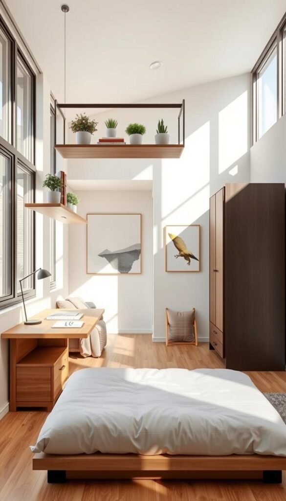 A cozy and well-organized small bedroom layout, illuminated by natural light filtering through large windows. In the foreground, a multifunctional platform bed with built-in storage and workspace. Suspended above, a minimalist hanging shelf displaying decorative plants and books. In the middle ground, a compact wardrobe and a cleverly designed side table with drawers, complementing the room's neutral color palette. The background features a serene wall decor with abstract art, creating a calming ambiance. The image conveys a sense of efficiency, comfort, and thoughtful space utilization, reflecting the essence of a multifunctional small space layout.